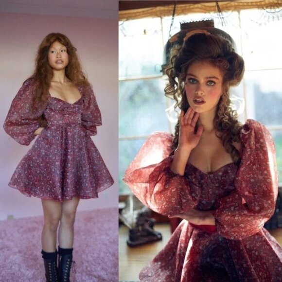 Selkie The Princess Mini Dress Long Puff Sleeves Crimson Floral Red Size Large - Picture 8 of 8